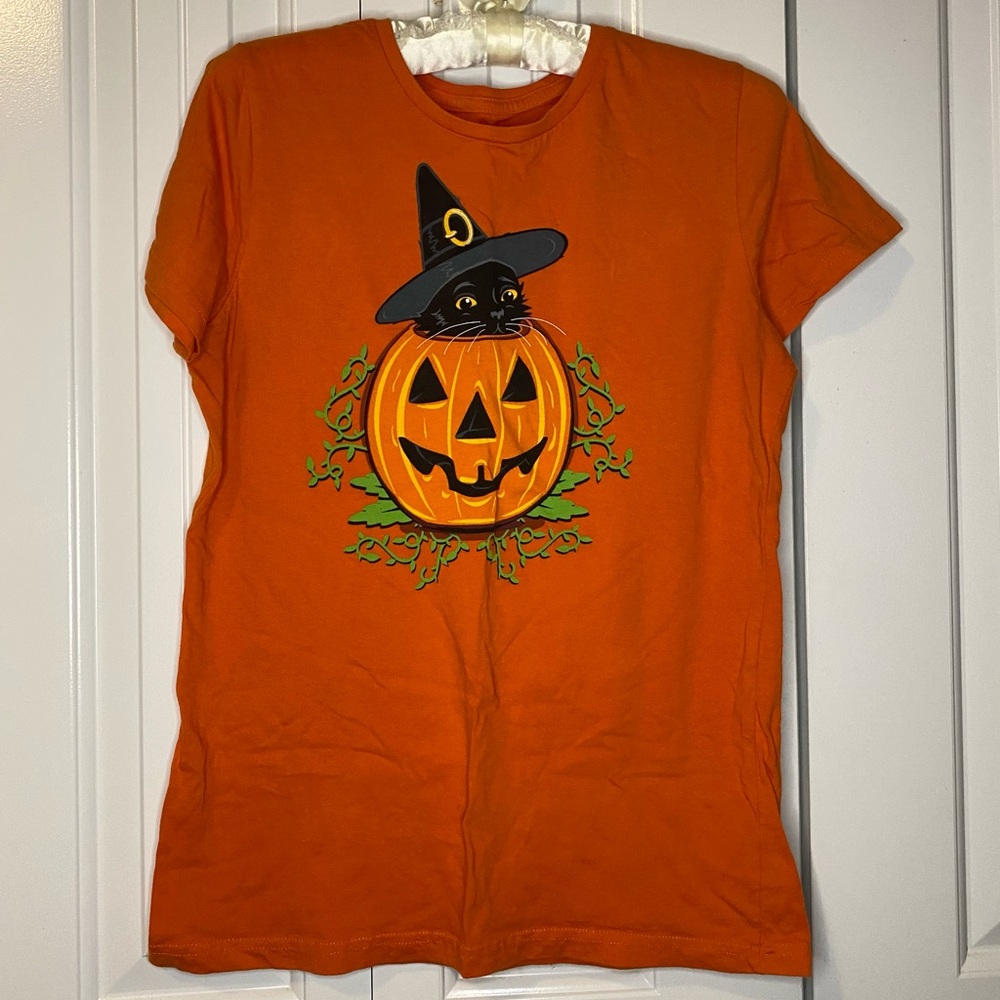 Halloween Black Cat and Pumpkin Orange Graphic T-Shirt